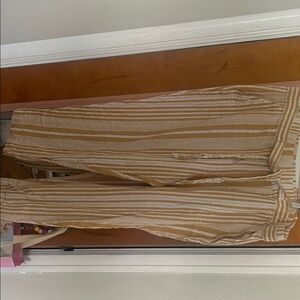 Ladies’ Casual Striped Linen Blend Pants - Tan & White